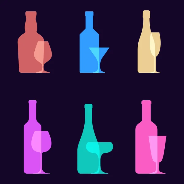 Siluetas Copas Vino Botellas Bebidas Alcohólicas Iconos Sobre Fondo Oscuro — Vector de stock