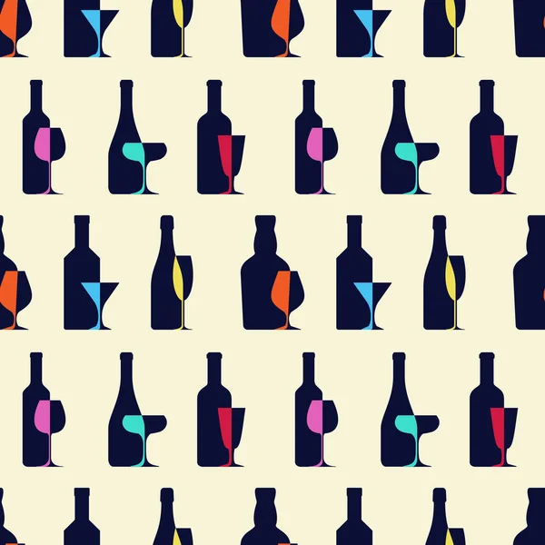 Garrafas Diferentes Copos Vinho Padrão Sem Costura Ilustração Vetorial Bebidas — Vetor de Stock