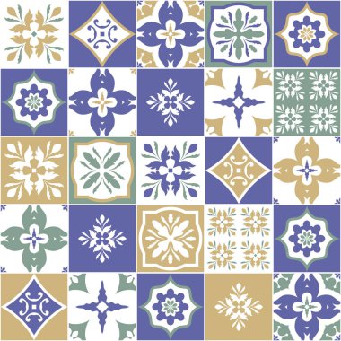 Portekiz renginde kiremitler azulejos. Soyut arkaplan. Vektör el çizimi, tipik Portekiz seramik fayansları. Kusursuz desen.