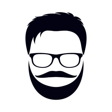Bir erkek resmi: saç stili, bıyık, sakal ve gözlük. Siyah siluet, beyaz arkaplanda bir simge. Vektör illüstrasyonu.