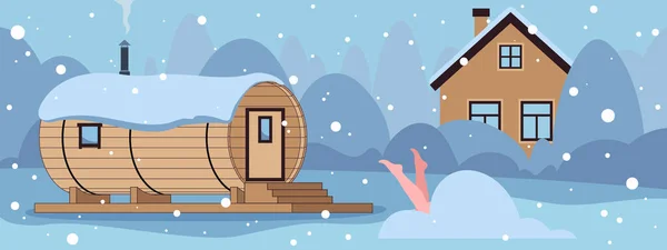 Sauna Barril Madeira Banya Livre Recreação Spa Natureza Inverno Ilustração — Vetor de Stock