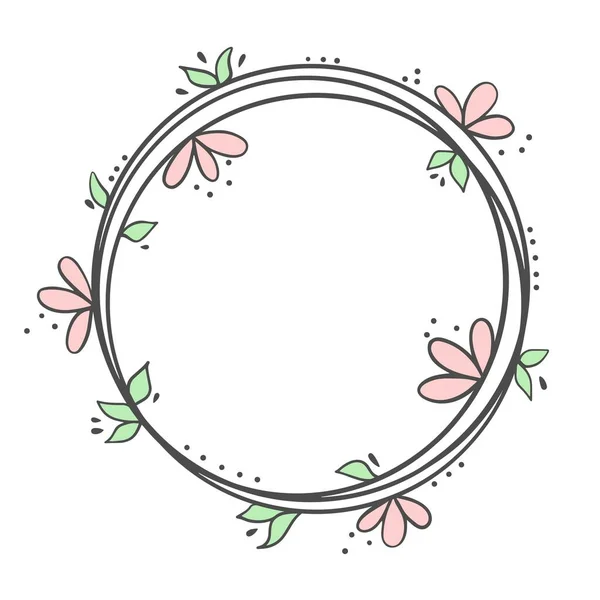 Ghirlanda circolare con fiori e foglie rosa, scarabocchio. — Vettoriale Stock