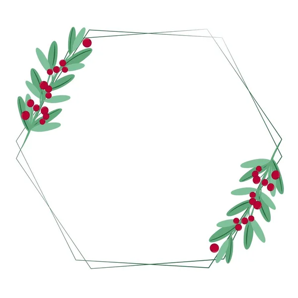 Bela moldura poligonal de Natal com bagas e folhas vermelhas, ilustração vetorial. — Vetor de Stock