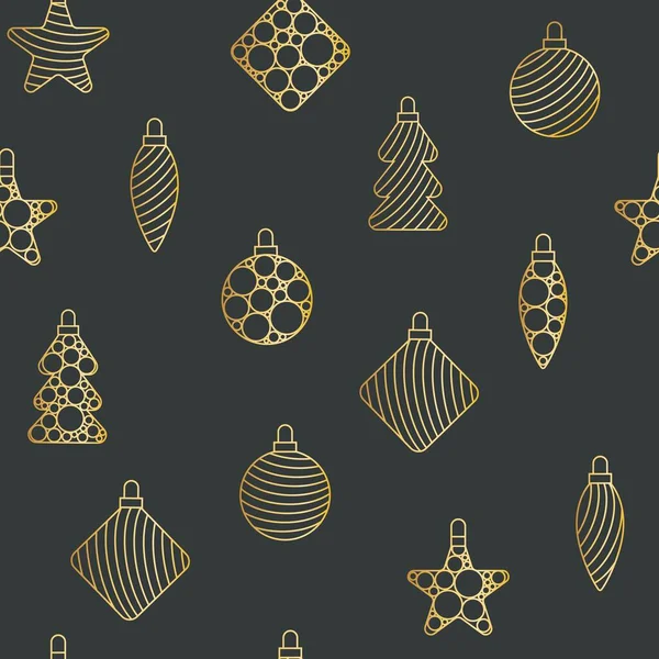 Golden Christmas toys on a dark background seamless festive pattern. — Stock Vector