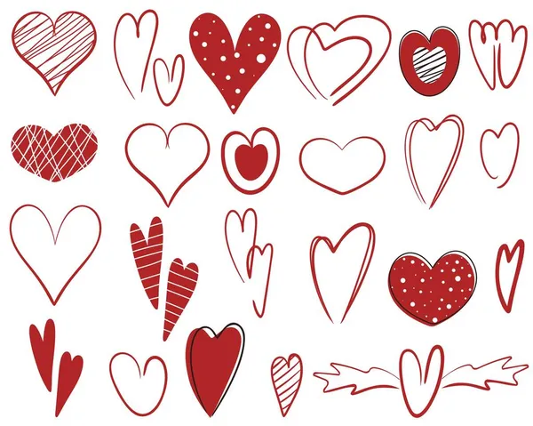 일러스트 로맨스의 상징인 마음의 모음입니다 발렌타인데이를 기념하기 손으로 그리기 — 스톡 벡터
