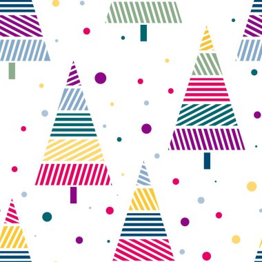 Şenlikli çok renkli Noel ağaçları pürüzsüz desenli. Yılbaşı ve Noel için balolu ve süslü ağaçlı bir arka plan. Paketleme, hediyeler, kumaş ve duvar kâğıdı, vektör illüstrasyonu için şablon.
