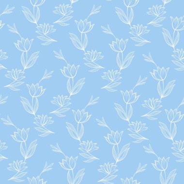 Açık mavi arka planda, kusursuz desenli, narin beyaz çiçekler. Çiçekli pastel arka plan. Kumaş, ambalaj ve duvar kağıdı şablonu.