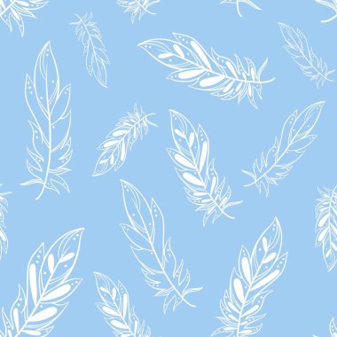 Yumuşak mavi arka planda beyaz tüylü desen. Süzülen kuş tüyleriyle kusursuz desen. Duvar kağıdı, kumaş, ambalaj ve tasarım için hassas şablon.