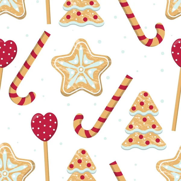 Modèle sans couture de Noël avec des bonbons et des biscuits au pain d'épice — Image vectorielle