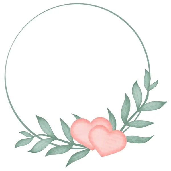 Ramka z liściastymi gałązkami zieleni i różowymi sercami — Zdjęcie stockowe