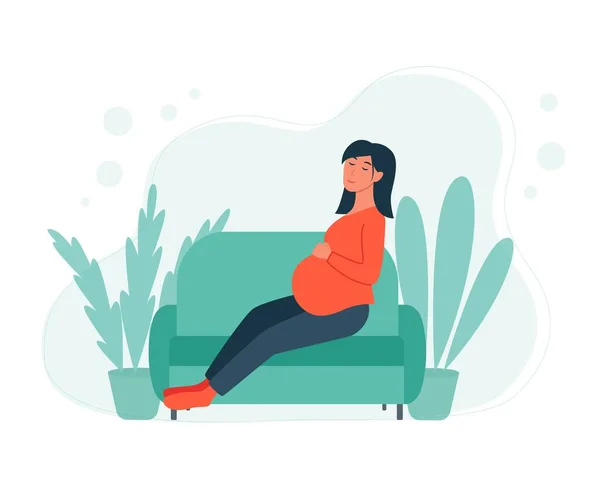 Η έγκυος κάθεται στον καναπέ και ξεκουράζεται. — Διανυσματικό Αρχείο