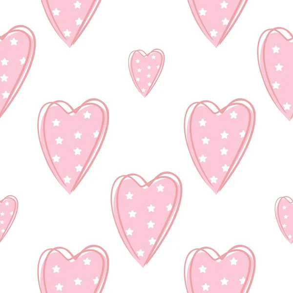 Corações cor de rosa com estrelas brancas sem costura padrão — Vetor de Stock