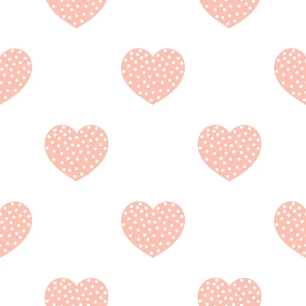白い点の背景を持つピンクの心 シームレスなロマンチックなパッチかわいいパターン 休日のパッケージ ファブリックと紙のベクトルイラストのテンプレート — ストックベクタ