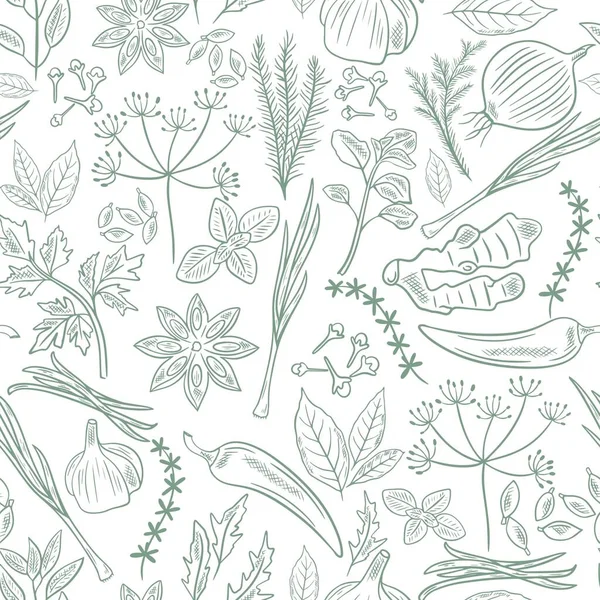 향료 식물 과 약초 손으로 결 이 없는 무늬를 스케치하는 모습 벡터 그래픽