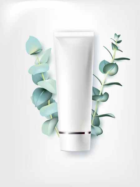 Bőrápoló Szerves Kozmetikumok Egy Üveg Tejszín Egy Eukaliptusz Fehér Alapon — Stock Fotó