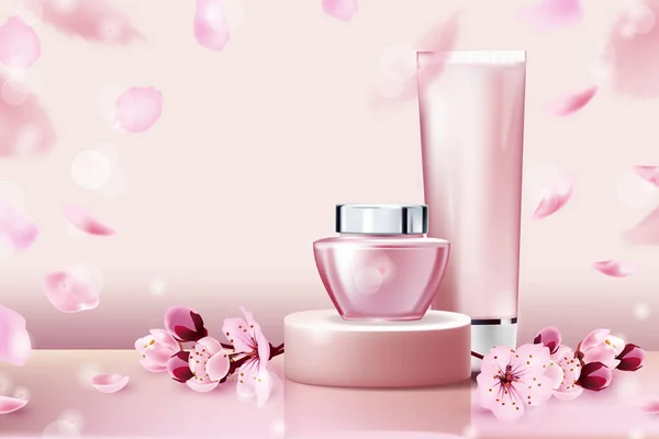 Two jars with cream or mask, under eye, firming or anti aging beauty product on pink podium against pink background