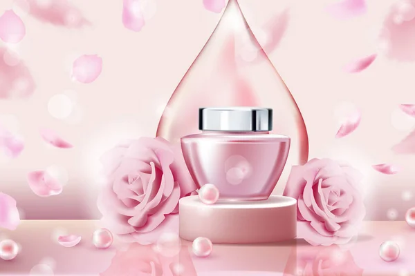 Ein Glas Kosmetik Auf Dem Podium Und Rosa Rosen Auf — Stockfoto
