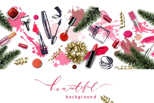 Verzameling Van Kerstmis Make Cosmeticaproducten Met Groenblijvende Boom Twijgen — Stockfoto