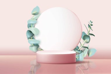 Ürün sunumu, markalaşma ve paketleme için kozmetik arka plan. Podyumda okaliptüs yapraklarıyla yuvarlak şekilli. ürün sunumu, modelleme, kozmetik ürün gösterimi, podyum, sahne kaidesi veya platformu göster. 3d vektörü.