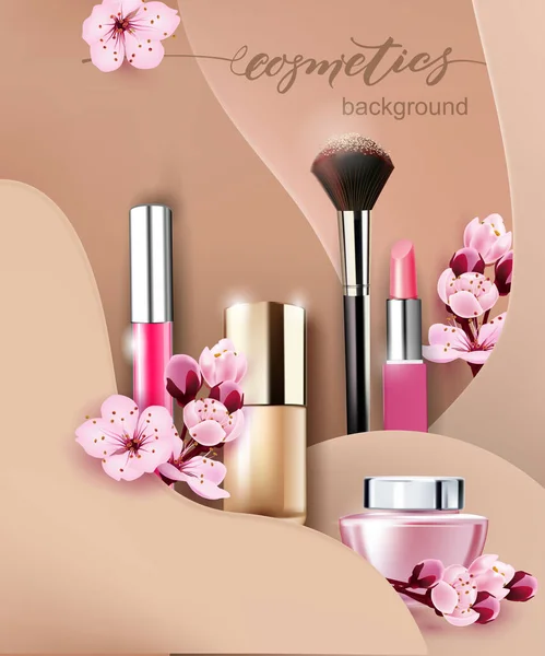 Beauty Make Banner Vorlage Kosmetikprodukte Auf Welligem Hintergrund Nude Hautfarben — Stockfoto