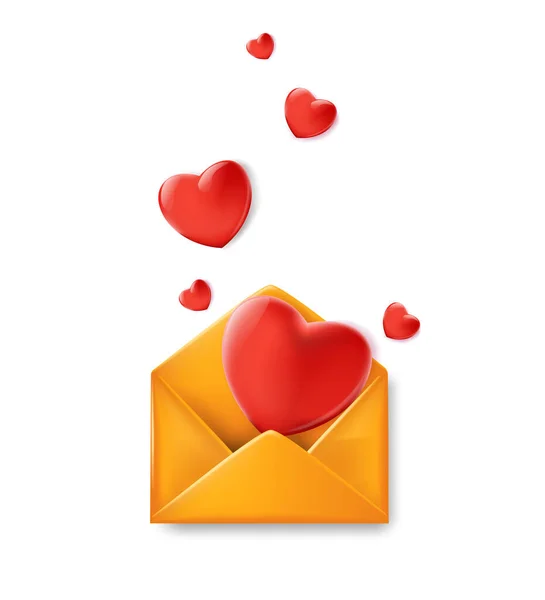 封筒に開いた文字の3Dベクトルアイコン 赤いハートの郵便物 ロマンチックなデザインのための現実的な要素 白い背景の上に孤立したオブジェクト — ストック写真