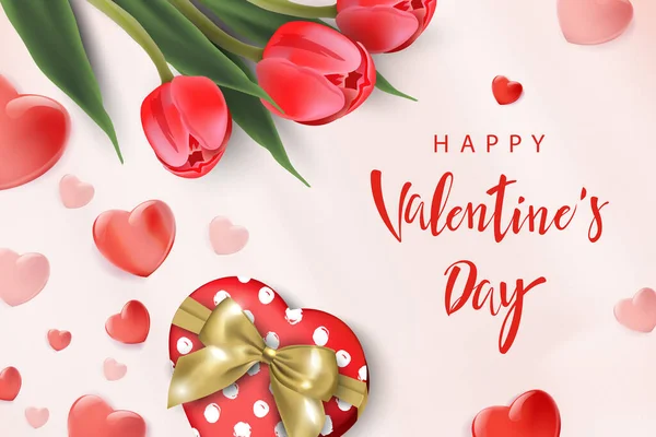 Carte Voeux Saint Valentin Avec Tulipes Rouges Coffret Cadeau Coeurs — Photo