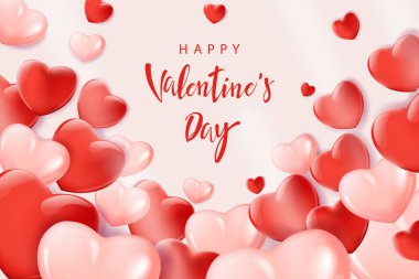 Sevgililer Günü tebrik kartı, kırmızı laleler, hediye kutusu ve pembe arka planda kırmızı kalpler. Metin için alanı olan bir şablon.