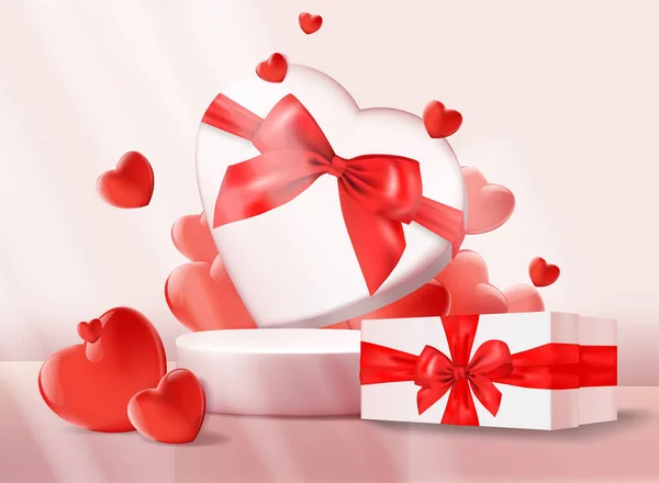 赤いハートとギフトボックスを持つ愛のプラットフォーム上のバレンタインのキャットウォークの3D背景製品 化粧品を実証するために表彰台に立つ ピンクの愛のスタジオの台座の上に絵のようなロマンチックなショーケース — ストック写真