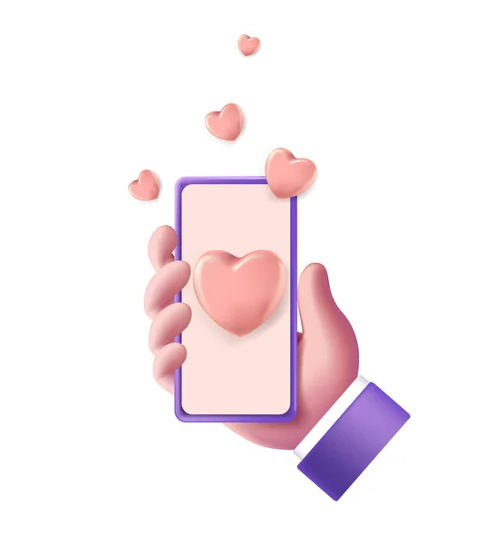 Realistická Plastová Volumetrická Ruka Telefonem Smartphone Ruce Růžovým Serchekami Vylétávajícím — Stock fotografie