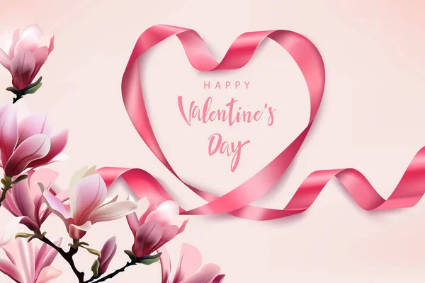 Tarjeta Felicitación Del Día San Valentín Con Cinta Seda Rosa — Foto de Stock