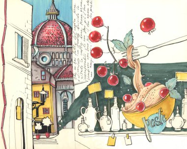 San Marino İtalyan işaretli el çizimi çizimi Avrupa sokak katedrali ve domatesli ve yağlı makarna.