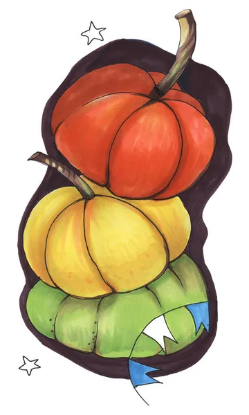 Handzeichnung Mit Filzstiften Cartoon Stil Farbiges Gemüse Kürbisdekor Herbsturlaub Auf — Stockfoto