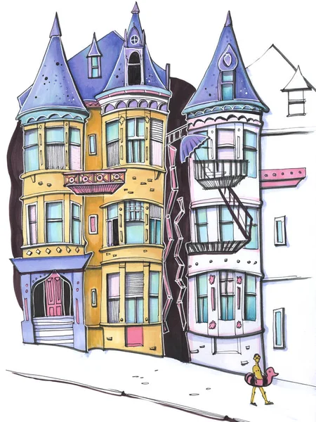 Brillante Ciudad Bosquejo Urbano Ilustración Dibujos Animados Estilo Fantasía Colores —  Fotos de Stock