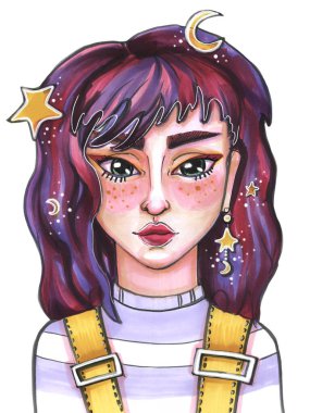 Parlak pembe ve mor saç makyaj okları ve beyaz arka planda kızarma eğilimleri olan genç bir kızın el yapımı çizimi çizimi çizimi.