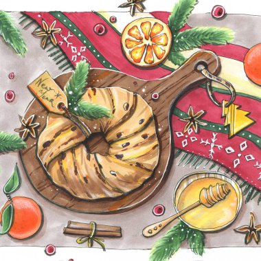 El çizimi taslak çizimleri ev yemekleri yeni ve noel kutlaması masa dekorasyonu turta portakalları ve tarçın yeşili dallar düz kare