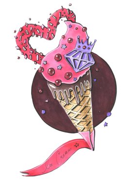 El çizimi karikatür edt stili lezzetli yemekler kalp aşıkları waffle külahında beyaz bir arka planda çikolata ve meyveli dondurma.