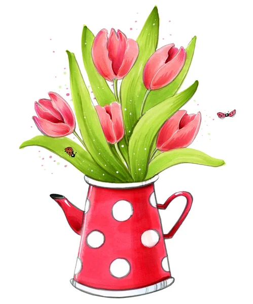 Anne kartpostalı için çizgi film stili tatil kadını hediyesi el çizimi. Beyaz arka planda kırmızı bir tencerede parlak pembe laleler.