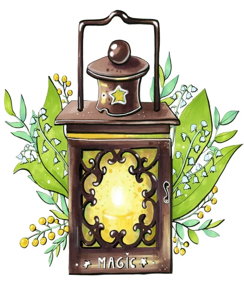 Ruční Kreslení Ilustrace Skica Markery Akvarel Jarní Nálada Magie Lucerna — Stock fotografie