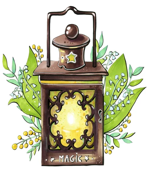 Hand Drawing Illustration Sketch Markers Watercolor Spring Mood Magic Lantern — Stock Photo, Image