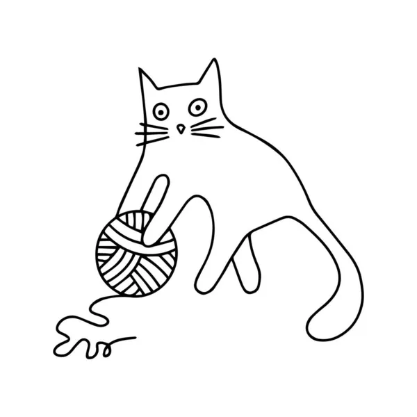 Izolovaná vektorová ilustrační karta kreslené lemované černé kočky hrající si s kuličkou vláken — Stockový vektor