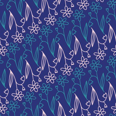 Süslü, beyaz, soyut çiçeklerin kusursuz vektör deseni mavi ve mor tonlarda. Tasarım elbise tasarımı, dekorasyon, kırtasiye, çarşaf, duvar kağıdı, arka plan için mükemmel derecede uygun.