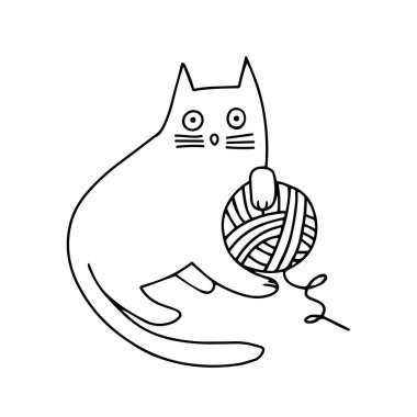 Çizgi filmin izole vektör illüstrasyon kartı. Çizgili siyah kedi ipliklerle oynuyor.