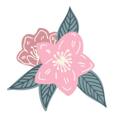 Soyut renkli soyut vektör kümesi yeşil yapraklı sakura çiçekleri.