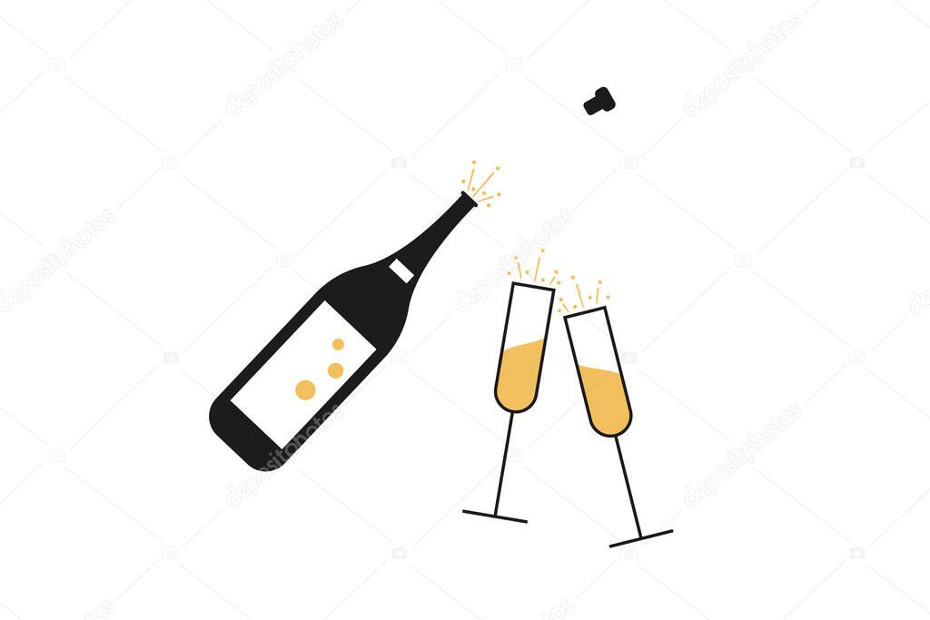 Champagne icons. Cheering opening popping bottles and glasses of champagne, silhouettes vector illustration. Christmas, new year 2022, EPS 10