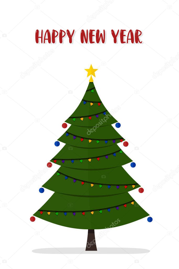 Decorated Christmas tree with star, balls and beaded garland, isolated on white background. New Year and Merry Christmas greeting card, poster, icon. Vector illustration in cartoon style