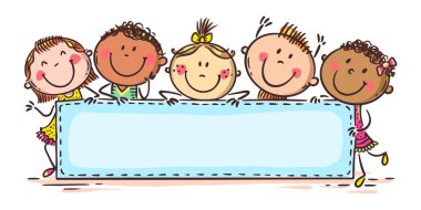 Boş tabelası olan mutlu çizgi film çocukları.