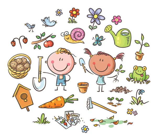 Dibujos animados doodle niños en el jardín, clipart set — Vector de stock
