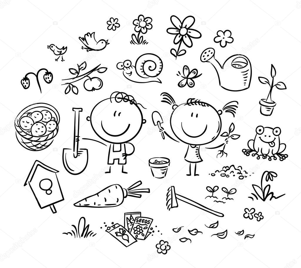 Cartoon doodle kids in the garden, outline clipart set