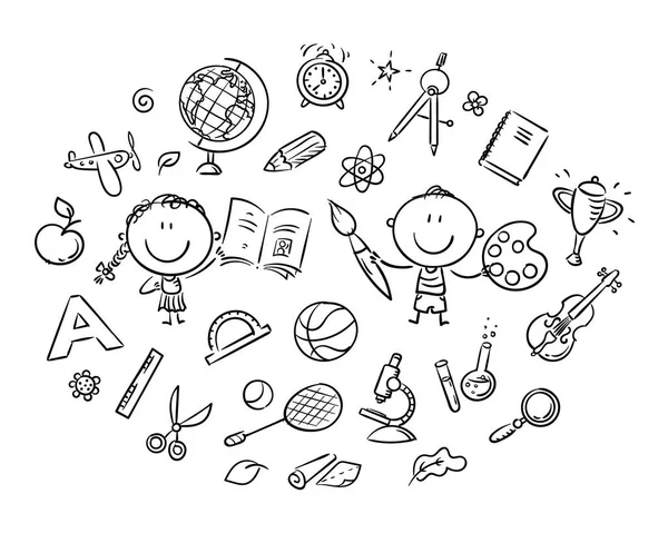 Niños de dibujos animados con diversos objetos para la creatividad, el hobby o el aprendizaje — Vector de stock