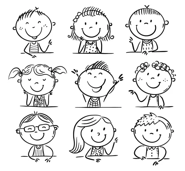 Conjunto de niños Doodle - cabezas de niños felices, personajes de dibujos animados — Vector de stock
